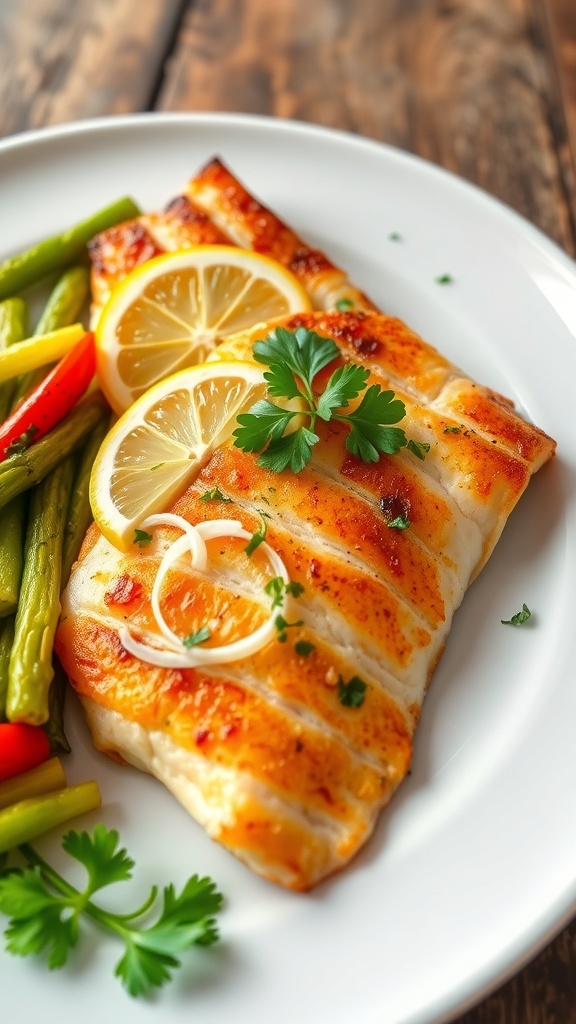 A golden-brown tilapia fillet garnished with parsley and lemon, served with steamed vegetables on a rustic table.